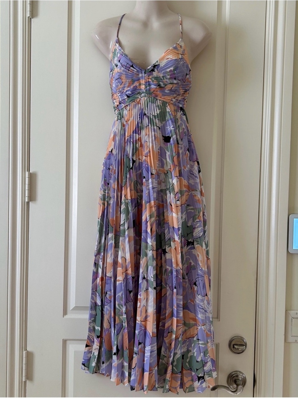 Astr Floral Pleated Midi Dress in Lavender, Peach, Green - Picture 3 of 10